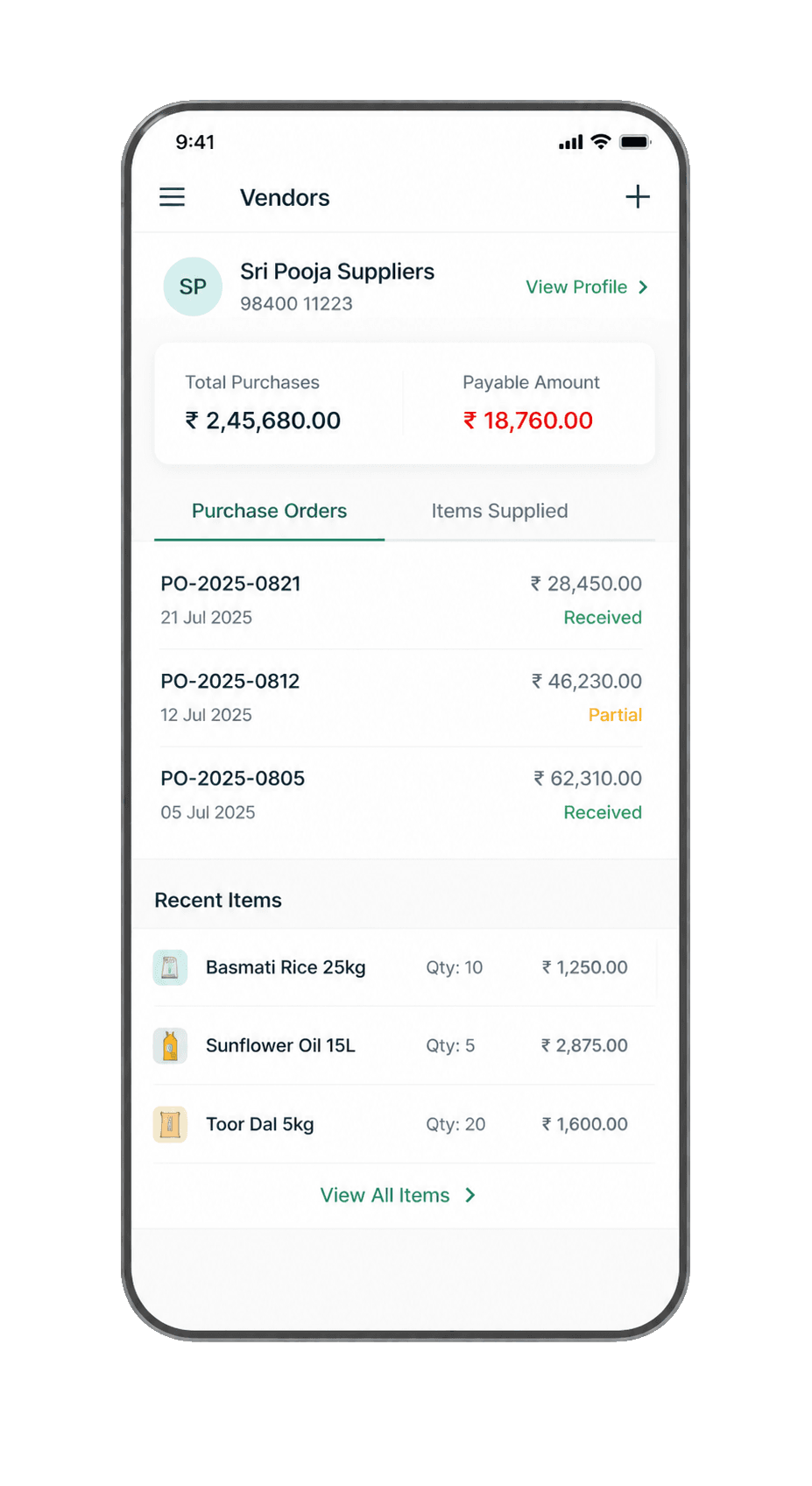 Vyavasayis inventory and vendor control on mobile