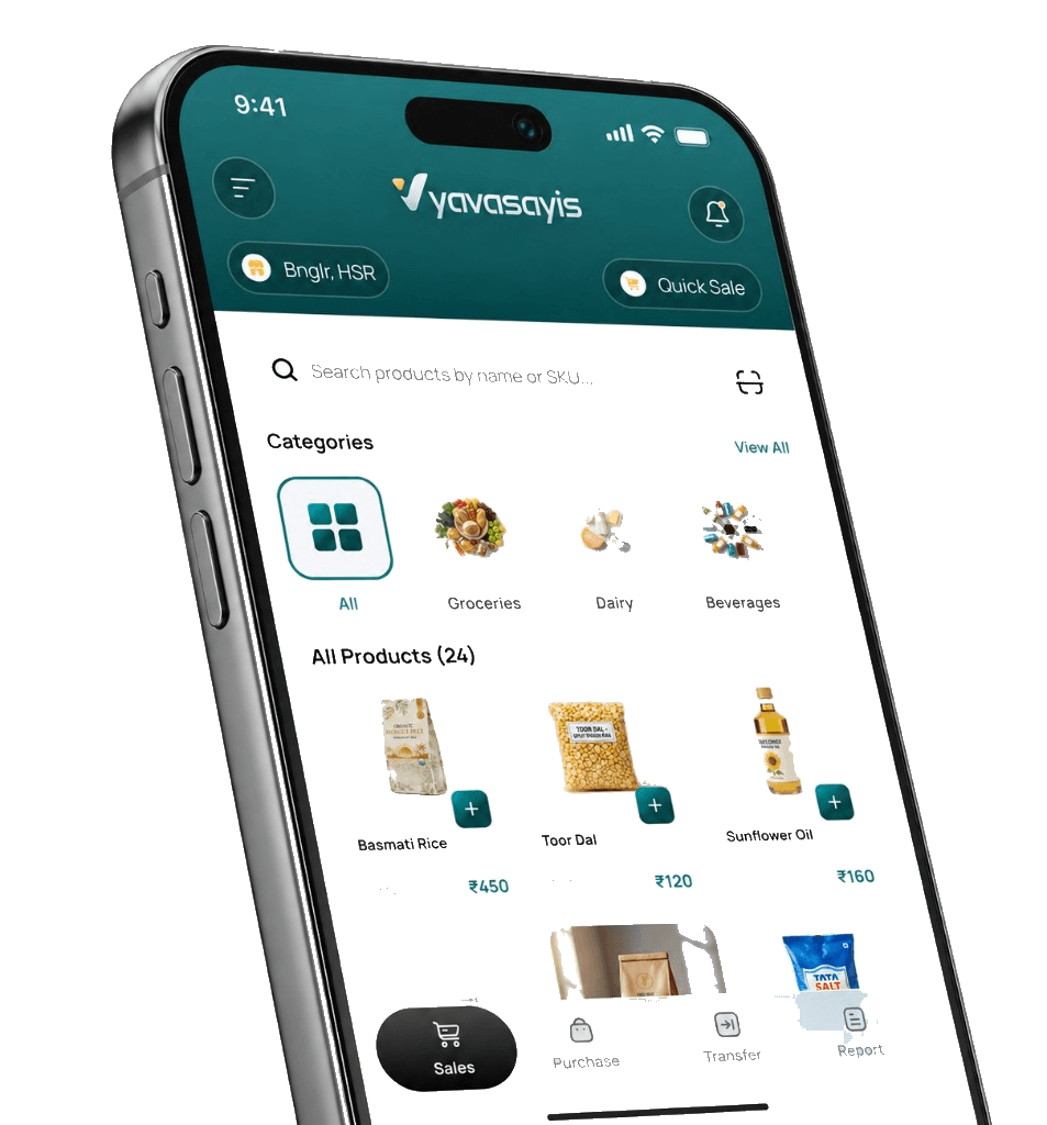 Vyavasayis sales app on phone — search products, categories and quick sale