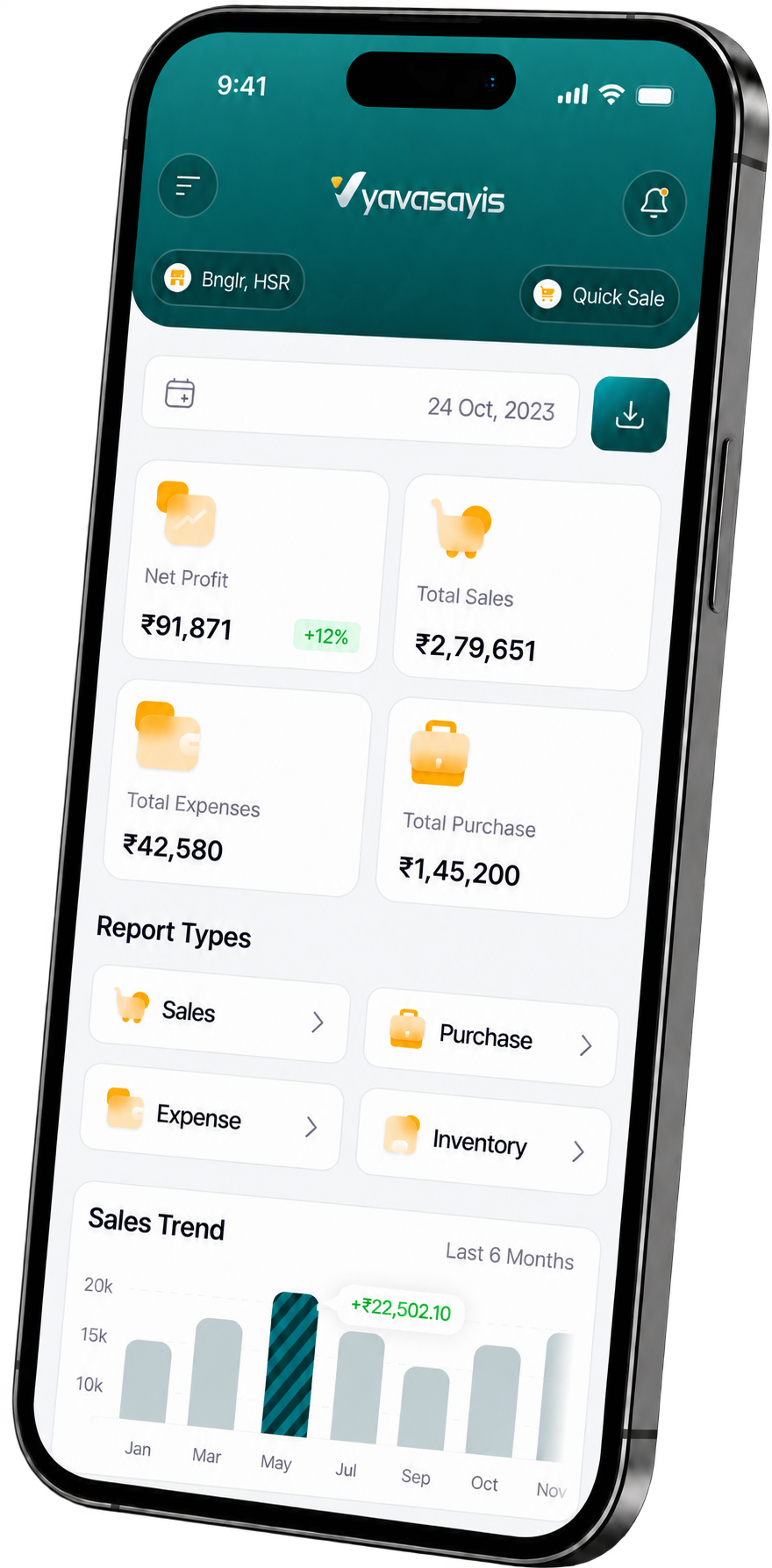 Vyavasayis POS app home with today's sales and quick actions