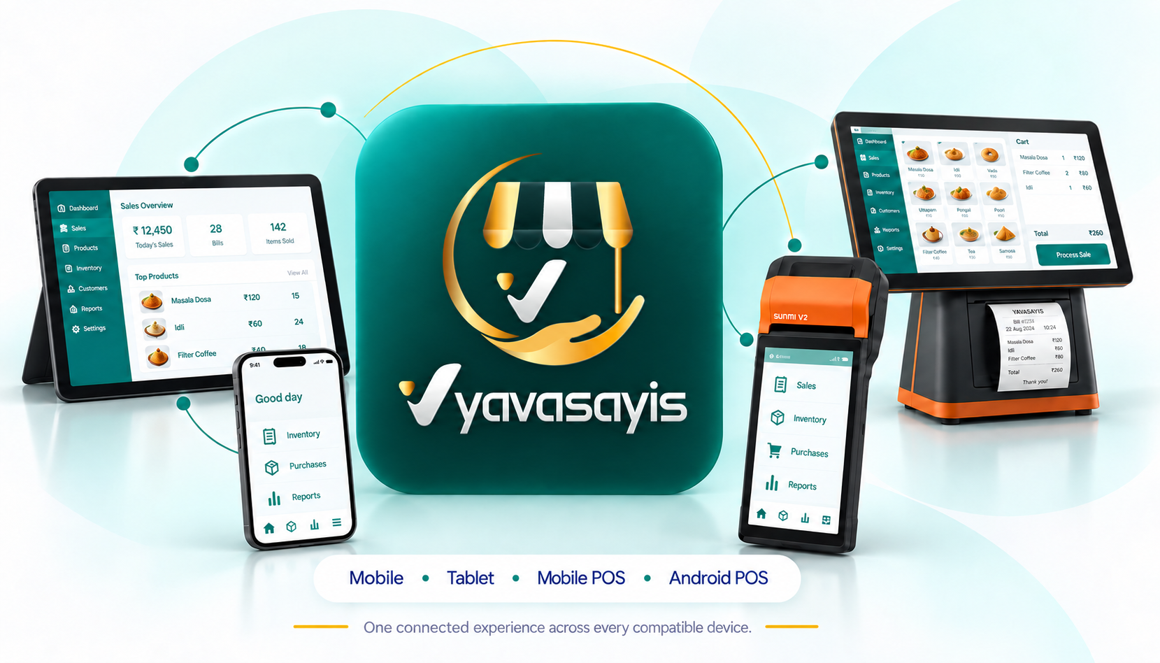 Vyavasayis running on Mobile, Tablet, Mobile POS and Android POS